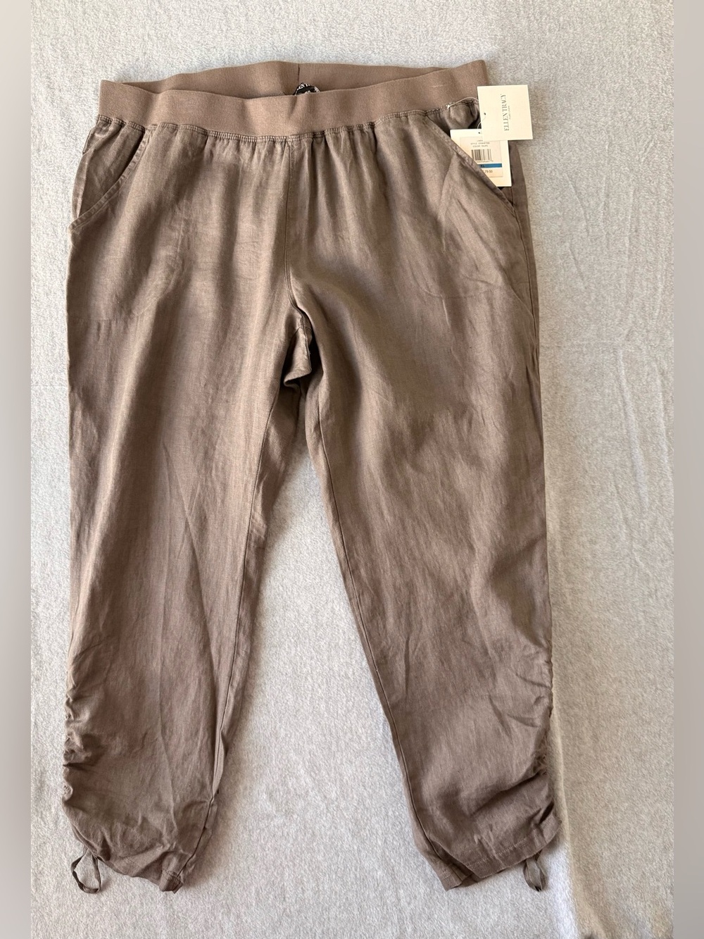 NWT Ellen Tracy 100% Linen Jogger Pants Taupe XL Ruched Ankle Cuffs